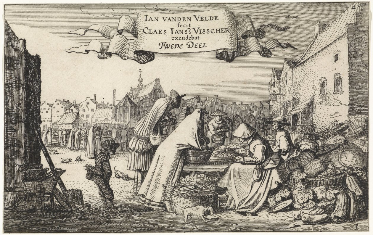 Figuras em uma barraca de vegetais em um mercado Paisagens (título da série) Amenissimae aliquot requculae (título da série) de Jan van de Velde (II)