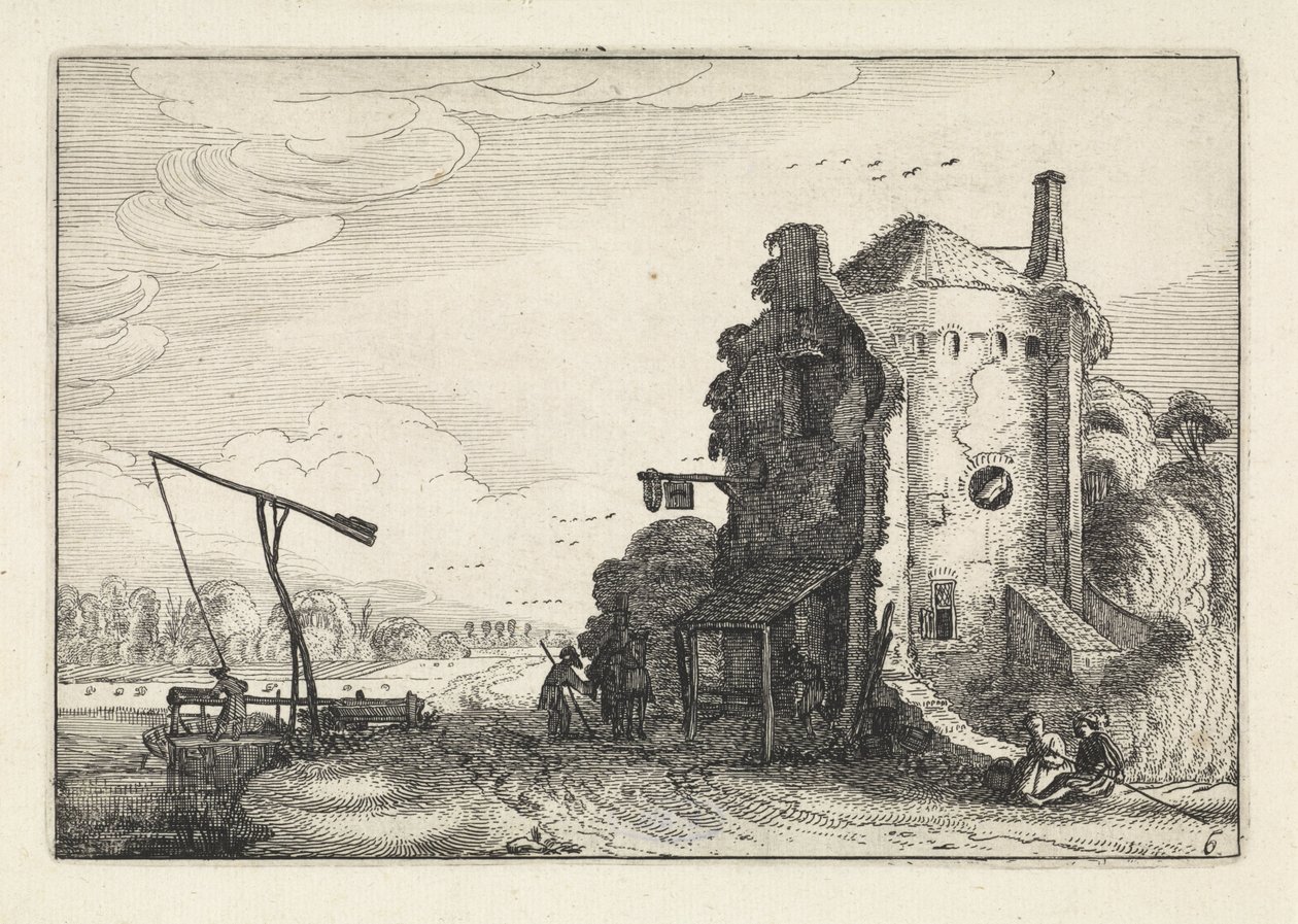 Figuras em uma pousada em uma torre redonda Paisagens (título da série) Amenissimae aliquot requculae (título da série) de Jan van de Velde (II)