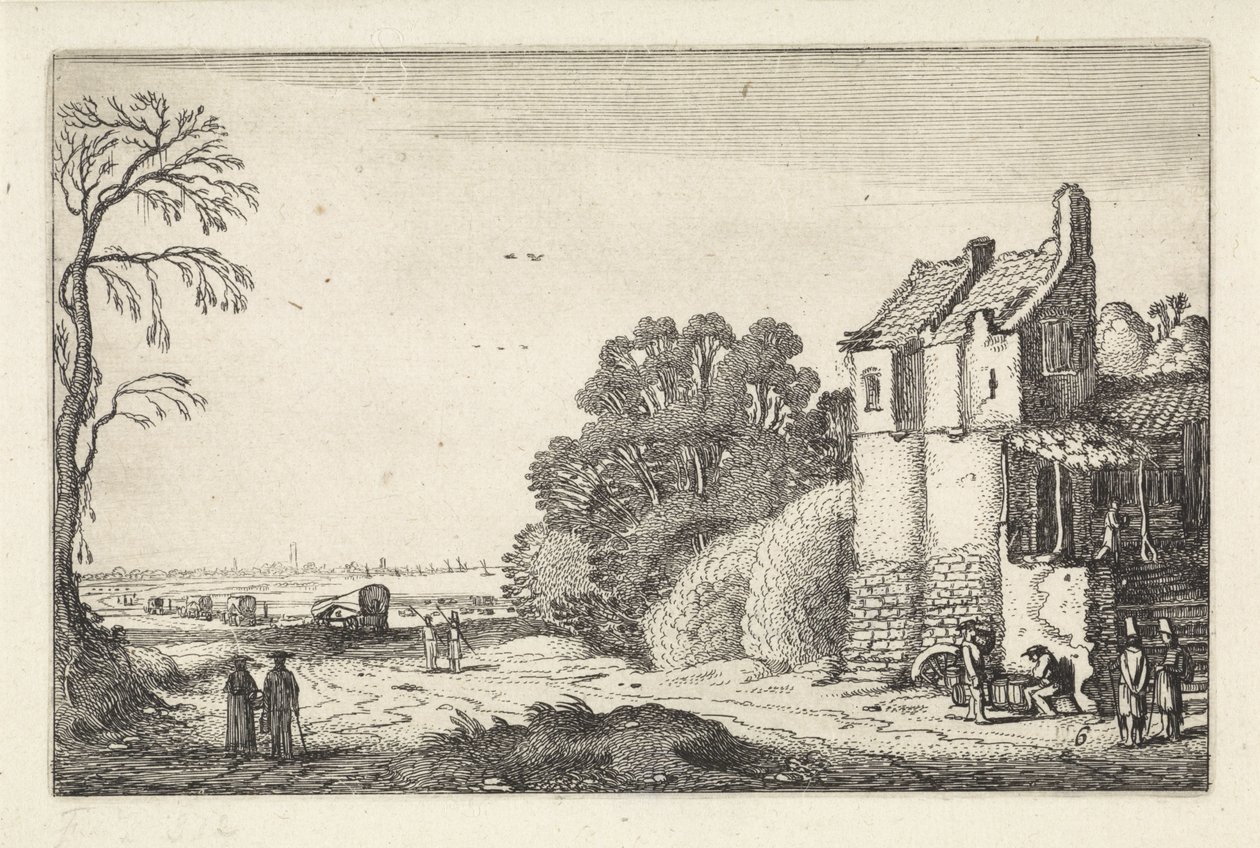 Números perto de uma casa e vagões cobertos numa estrada de campo
Paisagens (título da série)
Amenissimae aliquot requculae (título da série) de Jan van de Velde (II)