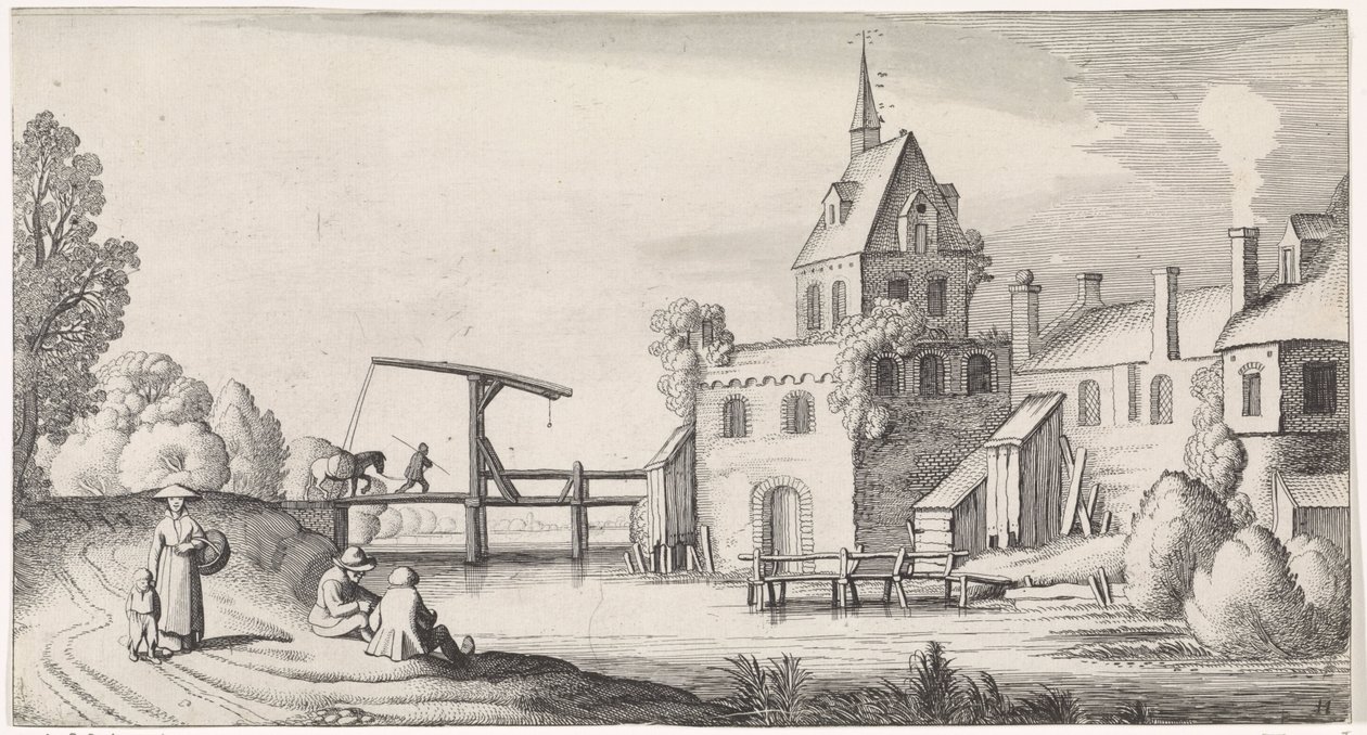 Figuras perto de uma ponte levadiça em frente a uma aldeia com uma torre de igreja
Playsante lantschappen ende vermakelycke gesichten (título da série) de Jan van de Velde (II)