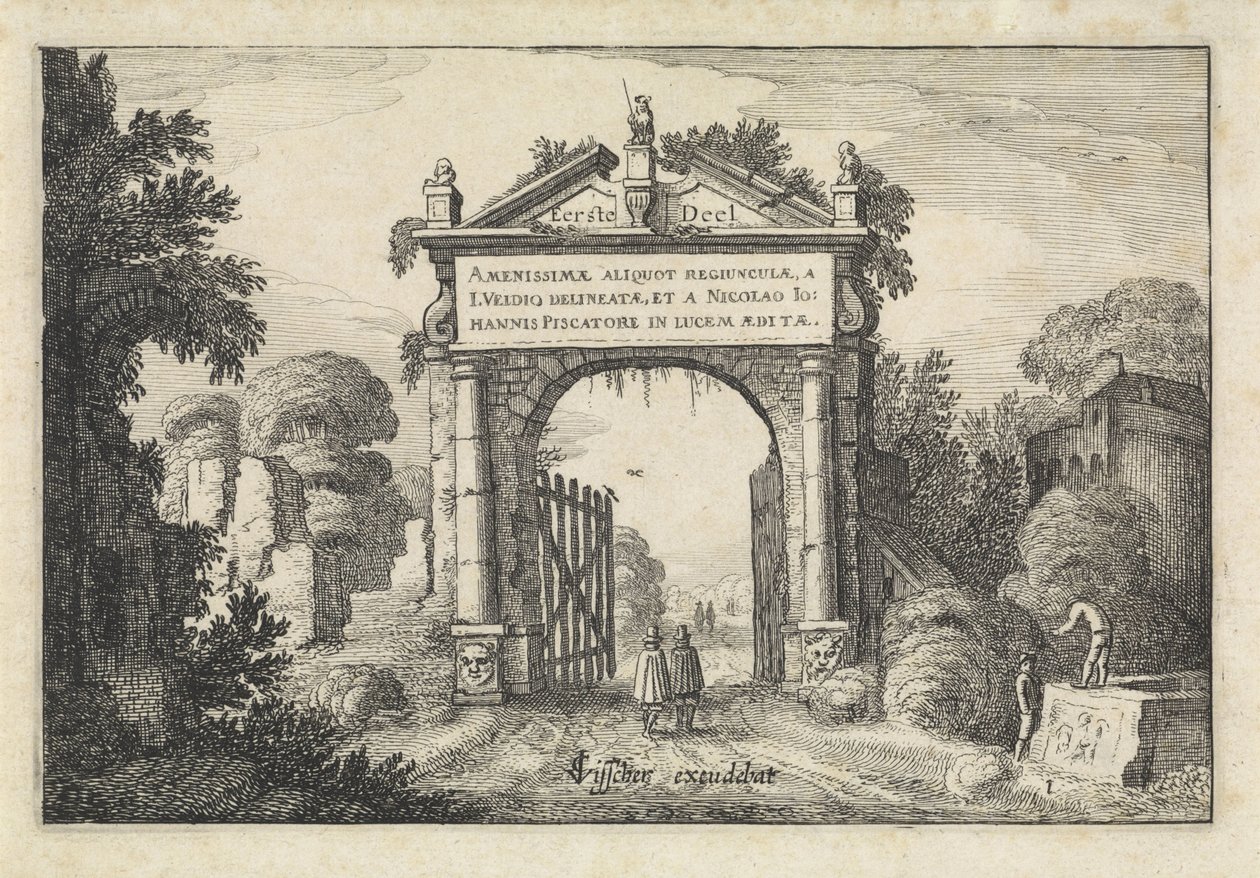 Figuras em um portão em uma paisagem Paisagens (título da série) Amenissimae aliquot requculae (título da série no objeto) de Jan van de Velde (II)