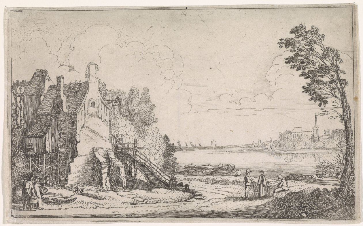 Números perto de uma casa dilapidada sobre um rio
Paisagens fluviais (título da série) de Jan van de Velde (II)