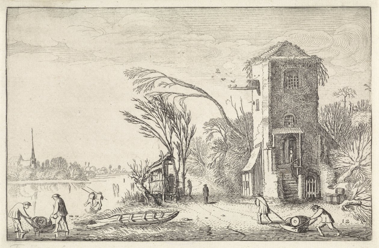 Figuras em uma paisagem de inverno com uma torre Paisagens (título da série) Amenissimae aliquot requculae (título da série) de Jan van de Velde (II)