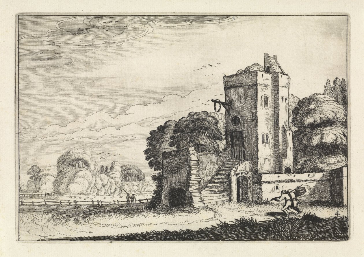 Figuras com um cesto de pássaros perto de uma torre numa paisagem
Paisagens (título da série)
Amenissimae aliquot requculae (título da série) de Jan van de Velde (II)