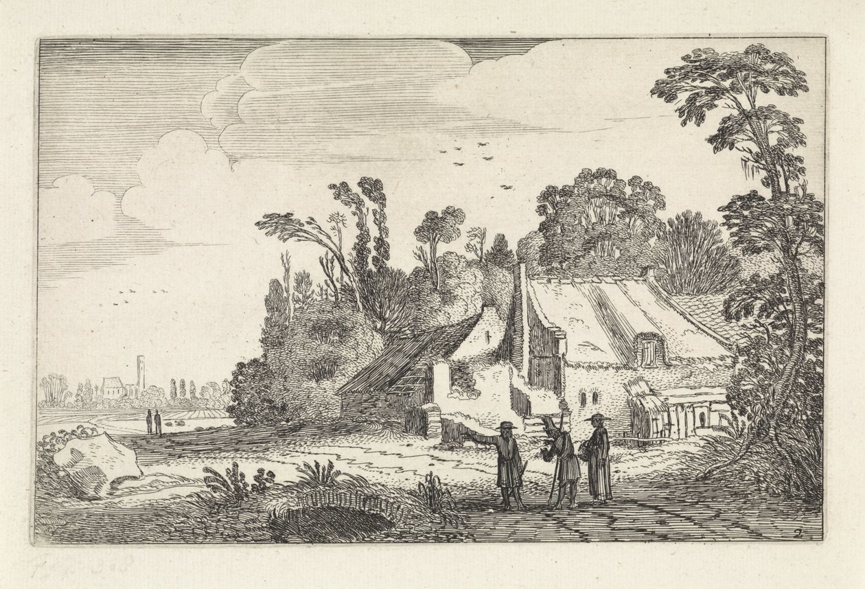 Figuras em uma estrada rural em uma fazenda Paisagens (título da série) Amenissimae aliquot requculae (título da série) de Jan van de Velde (II)