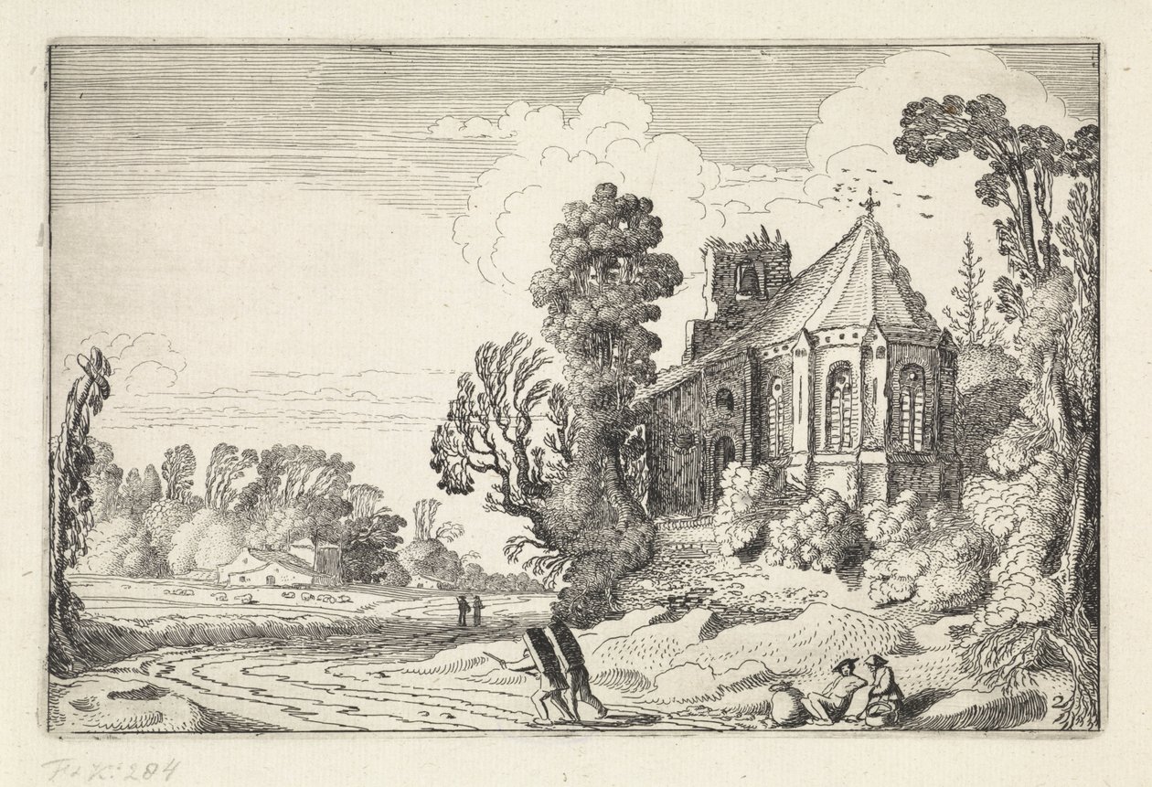 Figuras em uma estrada rural perto de uma ruína de igreja Paisagens (título da série) Amenissimae aliquot requculae (título da série) de Jan van de Velde (II)