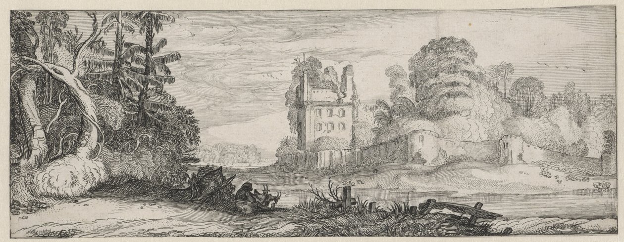 Vista de uma casa em ruínas perto de uma parede Paisagens e ruínas (título da série) Amoenissimae alíquota Regiunculae (título da série) de Jan van de Velde (II)