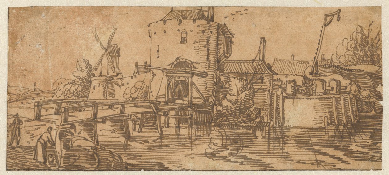 Vista de uma cidade (Culemborg?) com uma ponte em frente a um portão de Jan van de Velde (II)