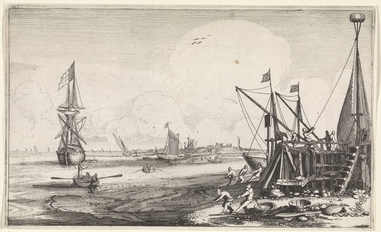 Molhe do porto com os pescadores a puxar nas suas redes
Seascapes (título da série) de Jan van de Velde (II)