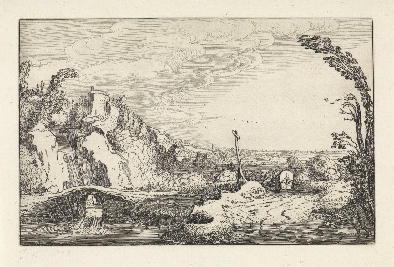 Vagão coberto em um caminho em uma paisagem montanhosa do rio Paisagens (título da série) Amenissimae aliquot requculae (título da série) de Jan van de Velde (II)