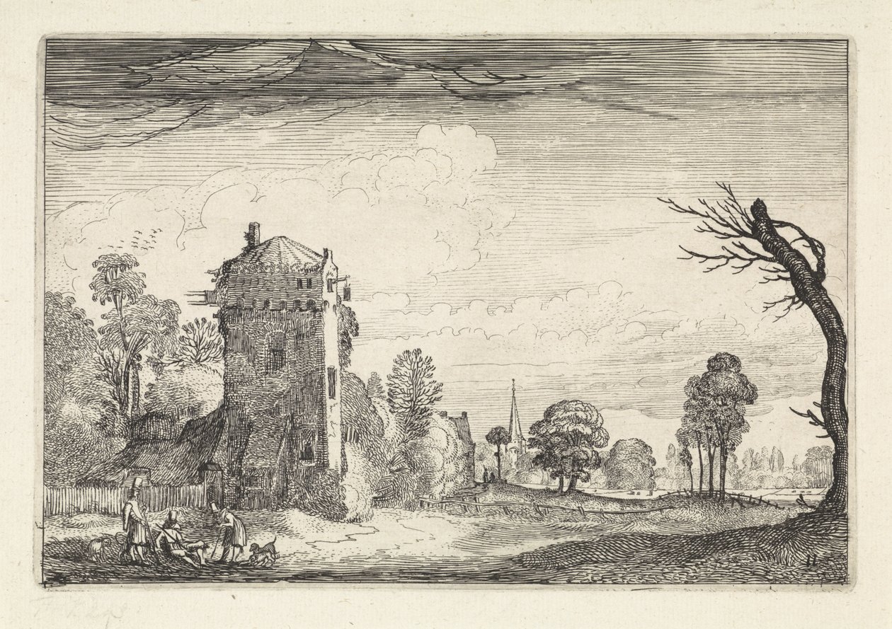 Caçadores com cães em uma torre em uma paisagem Paisagens (título da série) Amenissimae aliquot requculae (título da série) de Jan van de Velde (II)