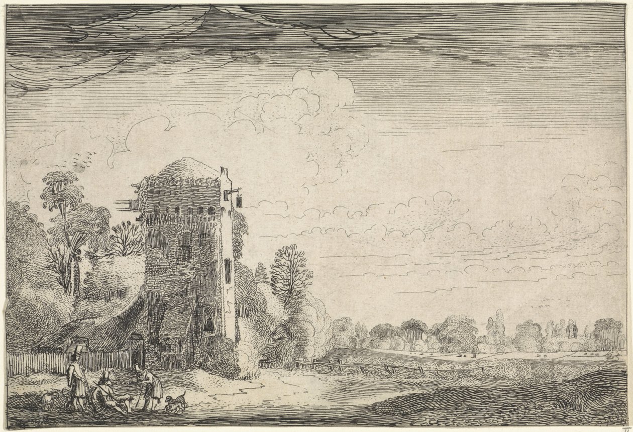 Caçadores com cães em uma torre em uma paisagem Paisagens (título da série) Amenissimae aliquot requculae (título da série) de Jan van de Velde (II)