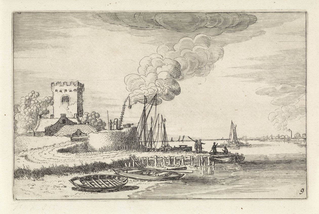 Paisagem com um farol num porto
Paisagens (título da série)
Amenissimae aliquot requculae (título da série) de Jan van de Velde (II)