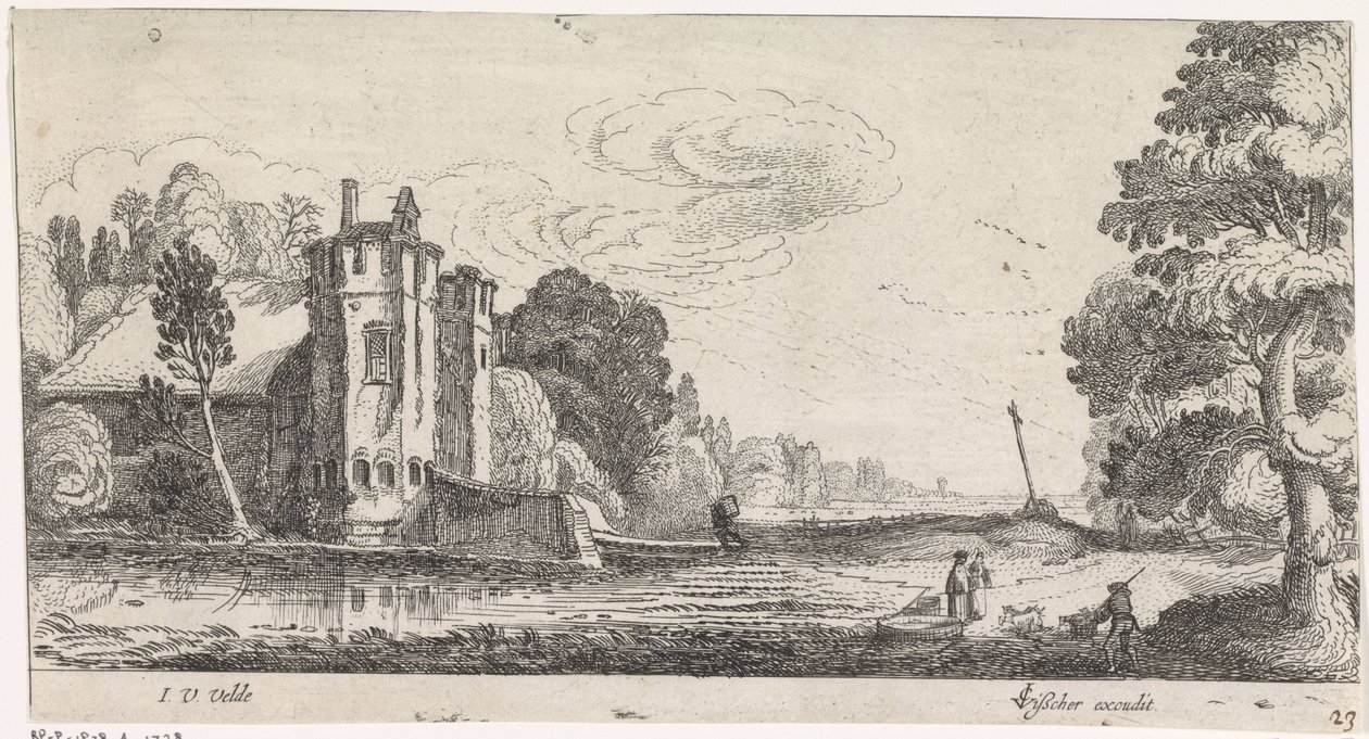 Paisagem com figuras perto de uma casa fortificada com duas torres de Jan van de Velde (II)