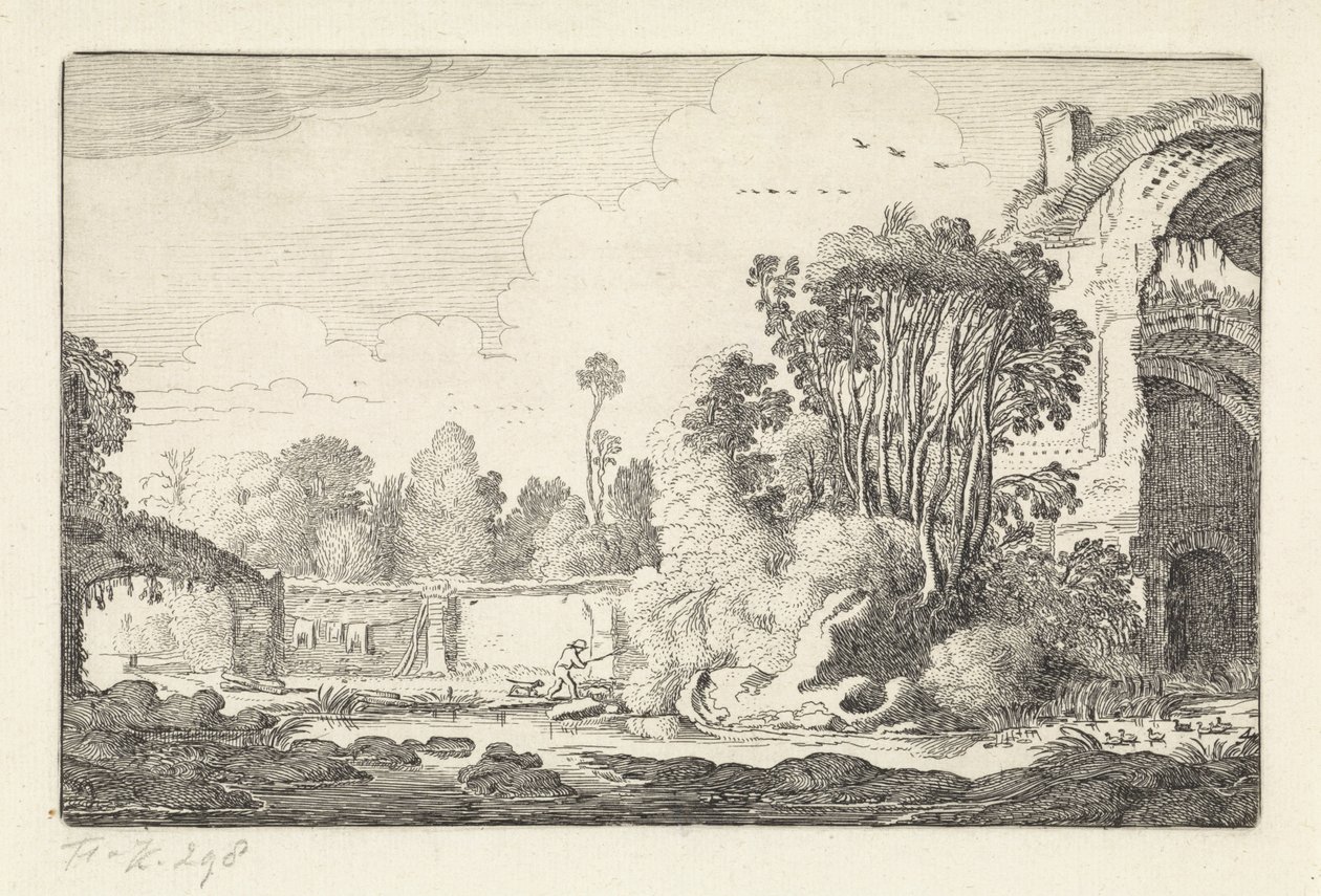 Homem com um cachorro em ruínas Paisagens (título da série) Amenissimae aliquot requculae (título da série) de Jan van de Velde (II)