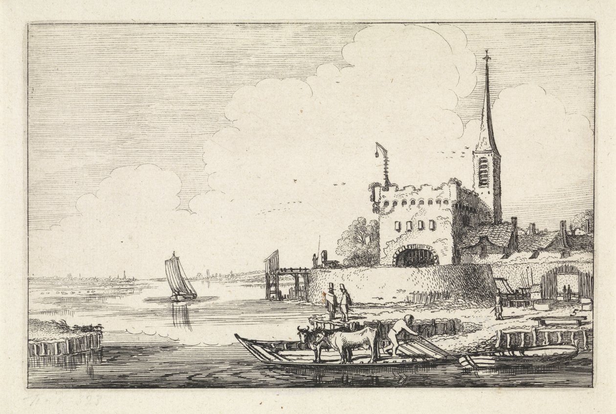 Pont com gado em um forte em uma paisagem fluvial Paisagens (título da série) Amenissimae aliquot requculae (título da série) de Jan van de Velde (II)