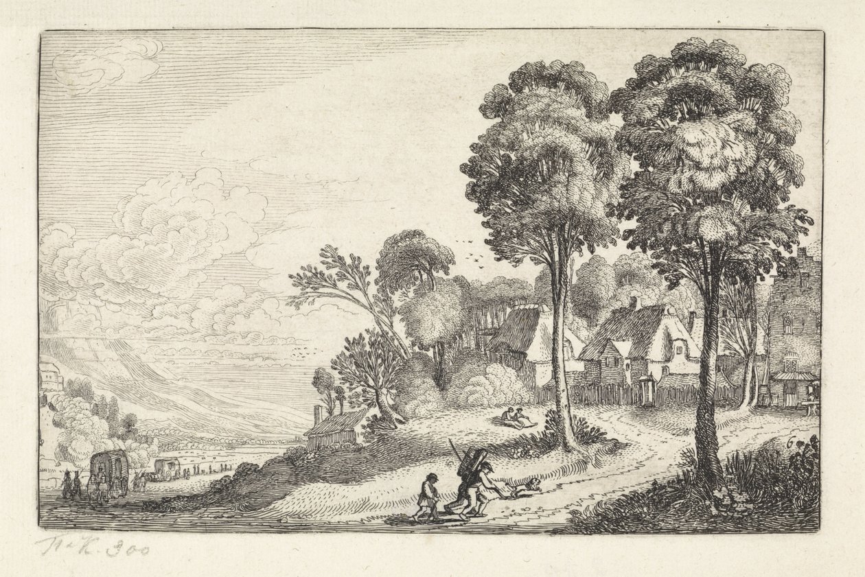 Viajantes em um caminho perto de uma vila Paisagens (título da série) Amenissimae aliquot requculae (título da série) de Jan van de Velde (II)