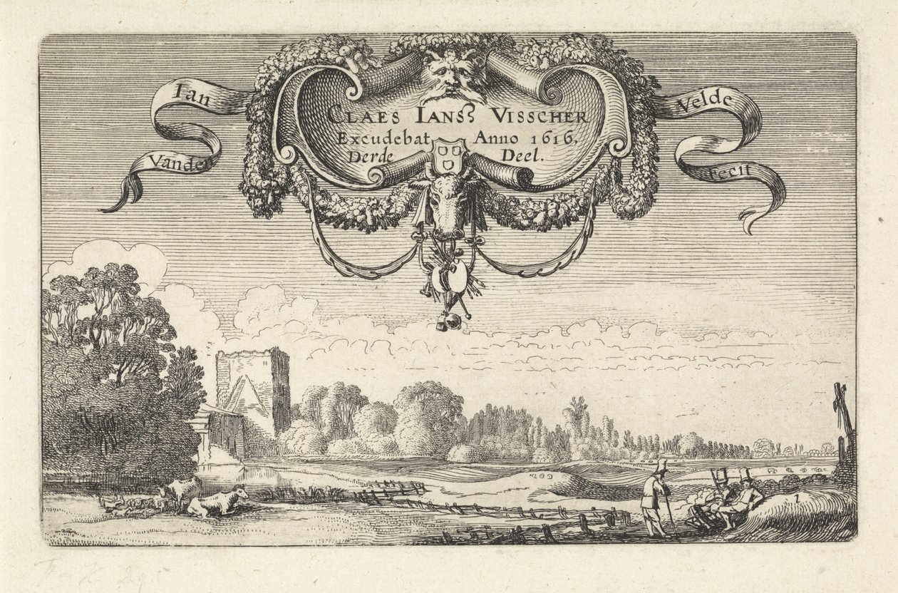 Descansando figuras em uma paisagem com vacas e uma torre Paisagens (título da série) Amenissimae aliquot requculae (título da série) de Jan van de Velde (II)