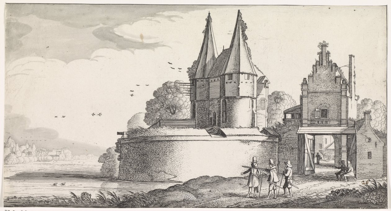 Soldados em uma fortaleza e portão da cidade por um rio Paisagens Playsante e atrações divertidas (título da série) de Jan van de Velde (II)