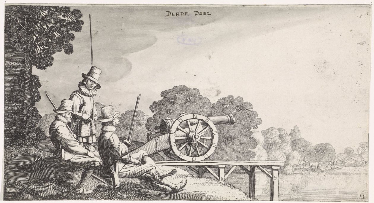 Soldados perto de um canhão no molhe de um rio
Playsante lantschappen ende vermakelycke gesichten (título da série) de Jan van de Velde (II)