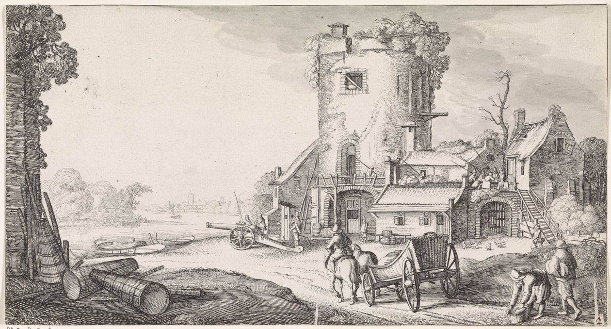 Soldados perto de uma torre numa paisagem fluvial
Playsante lantschappen ende vermakelycke gesichten (título da série) de Jan van de Velde (II)