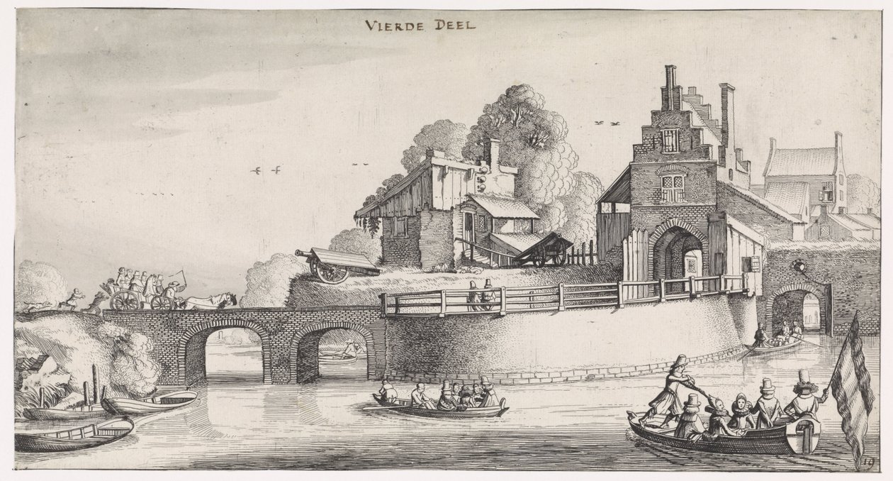 Portão da cidade com ponte sobre a água Paisagens Playsante e atrações divertidas (título da série) de Jan van de Velde (II)