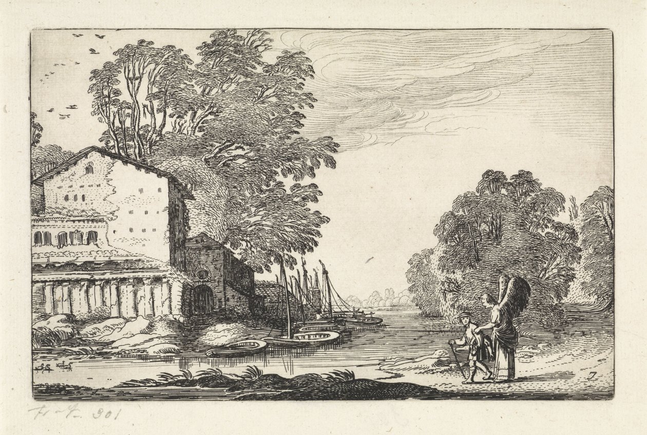 Tobias e o anjo em uma paisagem com ruína Paisagens (título da série) Amenissimae aliquot requculae (título da série) de Jan van de Velde (II)