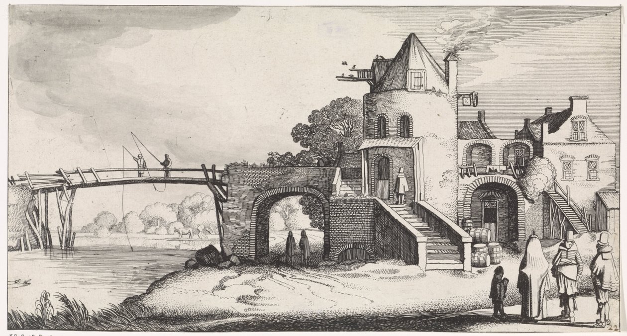 Tollhouse com ponte de madeira sobre o rio
Playsante lantschappen ende vermakelycke gesichten (título da série) de Jan van de Velde (II)