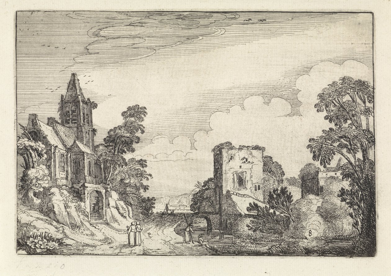 Torre e uma igreja em uma paisagem Amenissimae aliquot requculae (título da série) Paisagens (título da série) de Jan van de Velde (II)