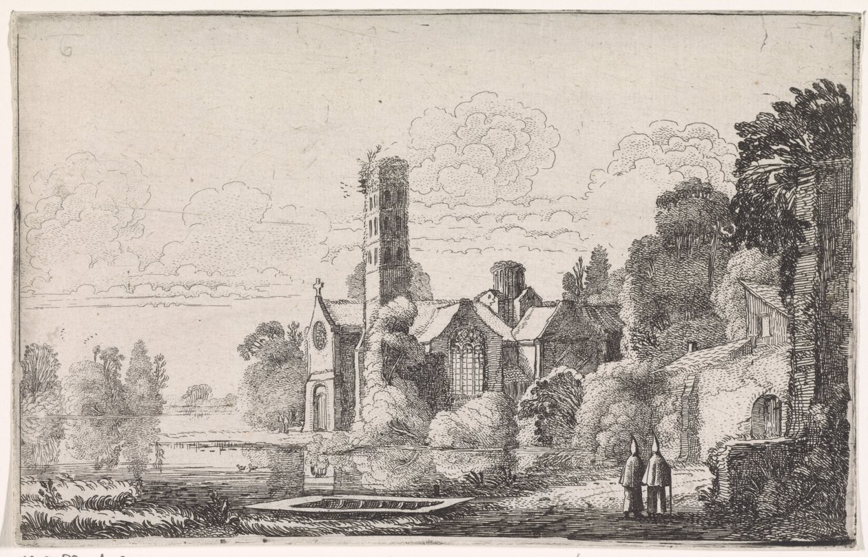 Dois monges numa abadia numa paisagem fluvial
Paisagens fluviais (título da série) de Jan van de Velde (II)