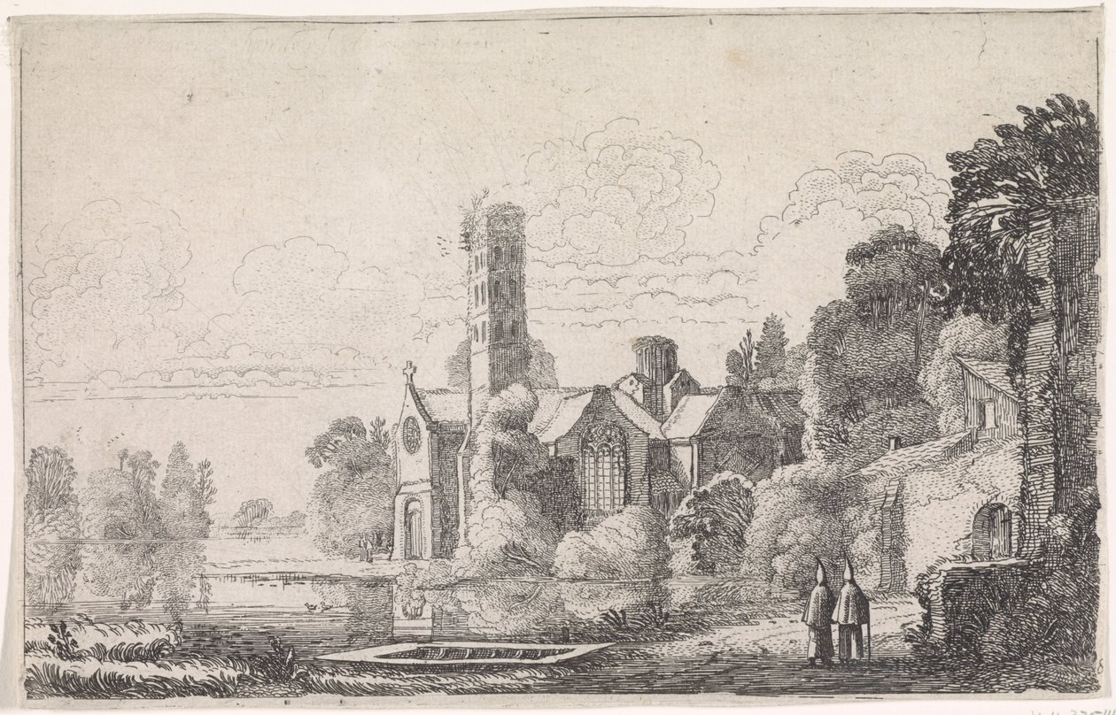 Dois monges em uma abadia em uma paisagem fluvial Paisagens fluviais (título da série) de Jan van de Velde (II)