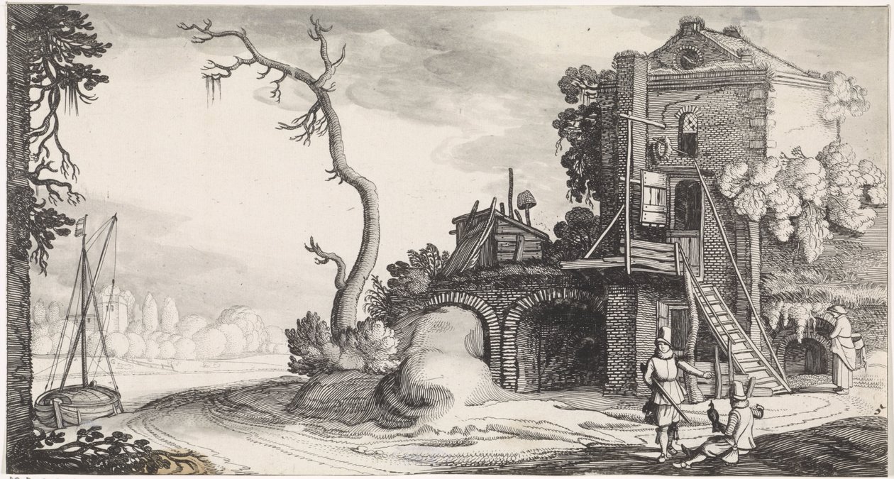 Dois falcoeiros perto de uma torre usada como pousada Paisagens Playsante e carinhas divertidas (título da série) de Jan van de Velde (II)