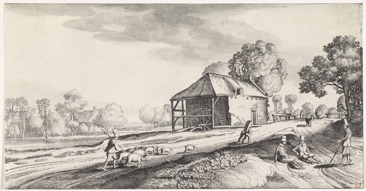 Forquilha de estrada em um moinho de água Paisagens Playsante e carinhas divertidas (título da série) de Jan van de Velde (II)
