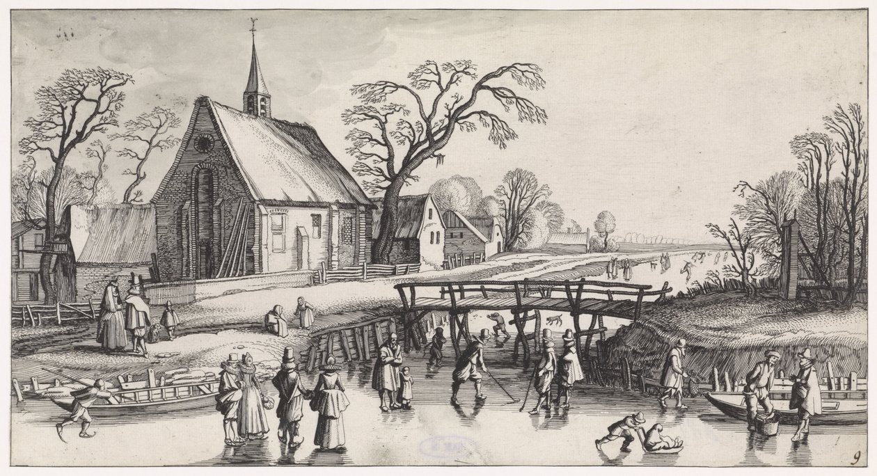 Paisagem de inverno com skatistas perto de uma vila Paisagens Playsante e atrações divertidas (título da série) de Jan van de Velde (II)