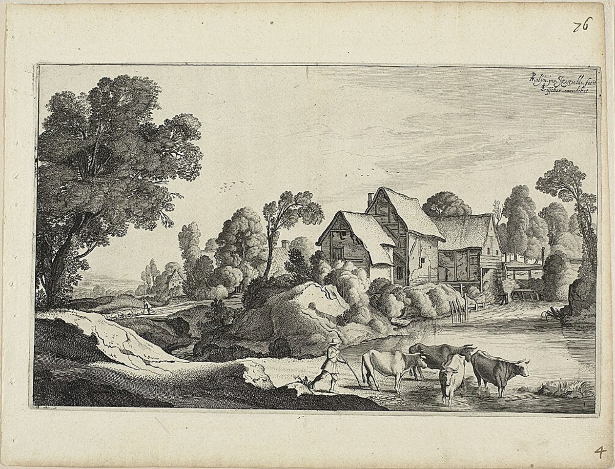 Rebanho de gado num vau perto de um moinho de água de Jan van de Velde II