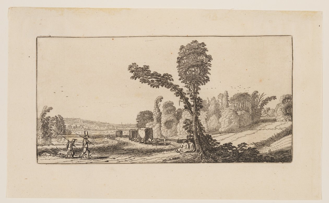 Paisagem com caçadores e carroças de feno, de Seis paisagens de Jan van de Velde II