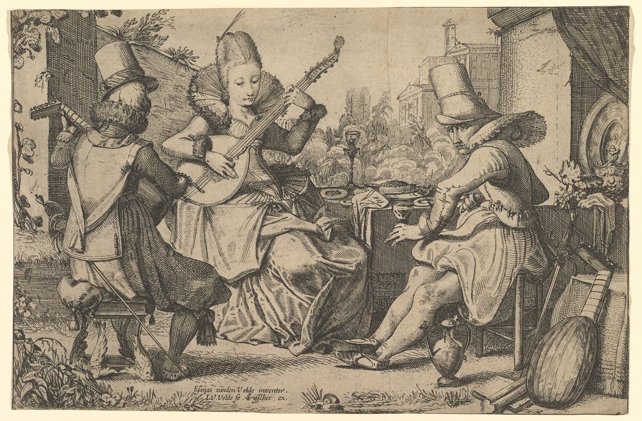 Dois Homens Elegantemente Vestidos e uma Mulher num Jardim, 1613-41. de Jan van de Velde II