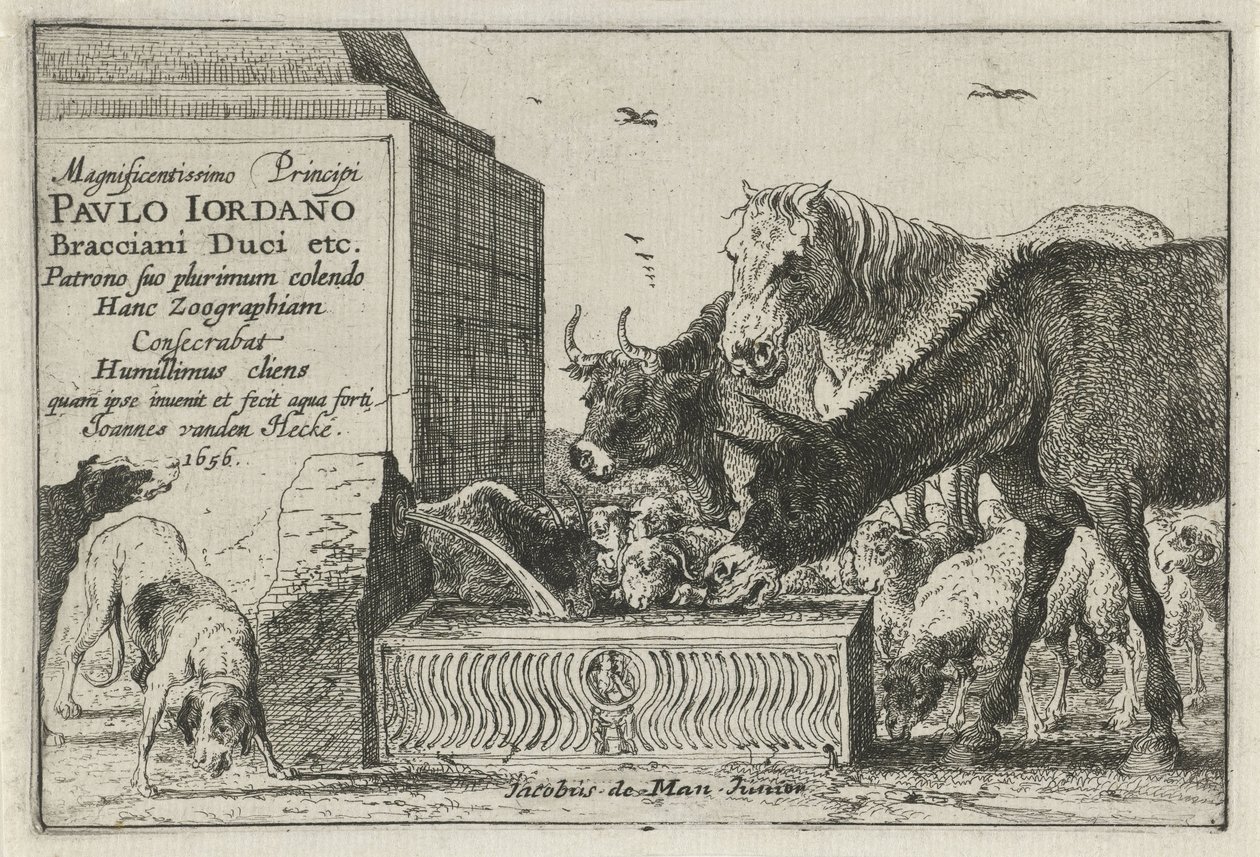 Animais por uma fonte Impressão do título de uma série de impressões representando animais Animais (título da série) Zoographiam (título da série no objeto) de Jan van den Hecke