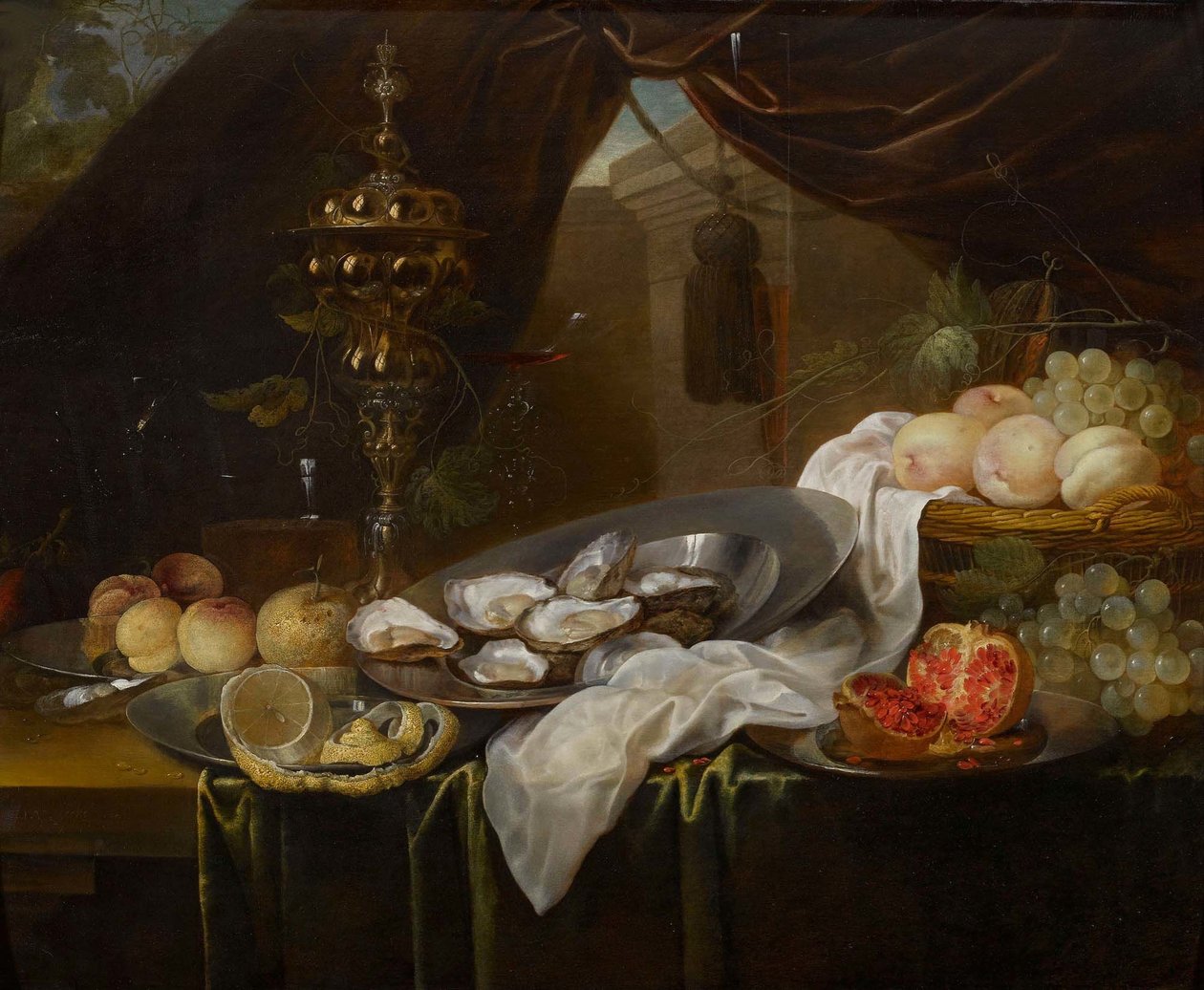 Natureza-morta com taça de ouro, objectos de vidro Façon de Venise, frutos e ostras de Jan van den Hecke