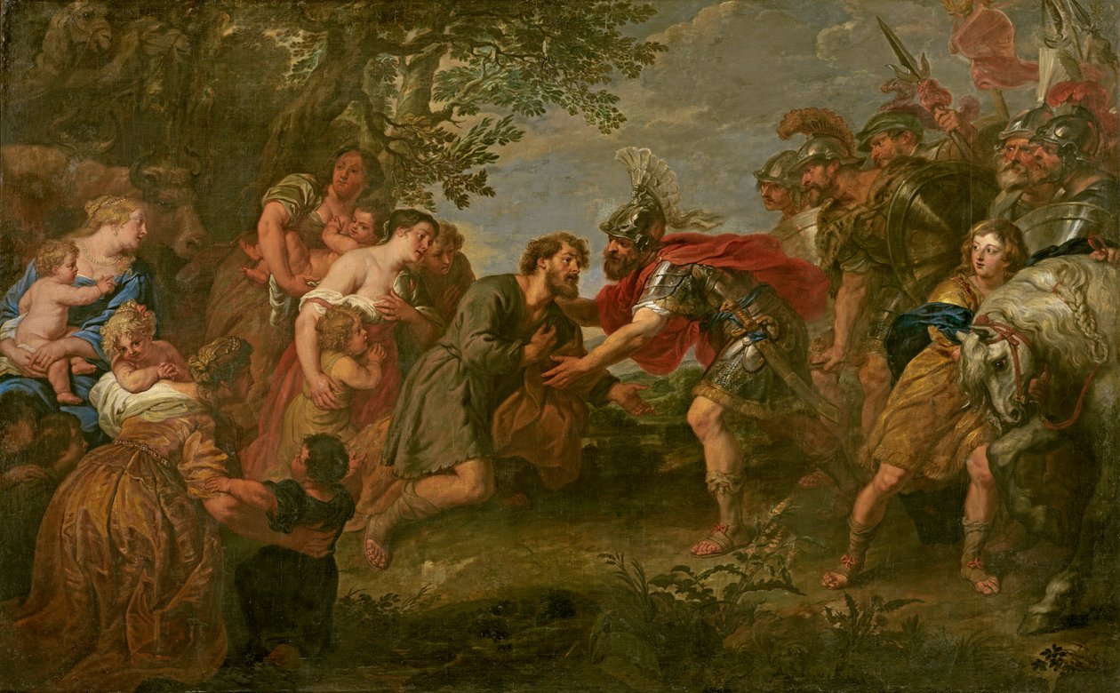 Jacob conhece o seu irmão Esau (óleo sobre tela) de Jan van den Hoecke