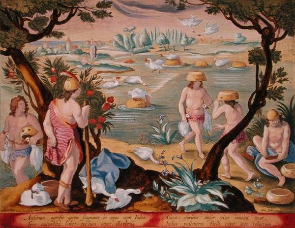 Método indiano de capturar gansos em águas rasas, colocando uma cabaça na cabeça com uma isca de comida no topo, prato 94 de "Venationes Ferarum, Avium, Piscium" (Of Hunting: Wild Beasts, Birds, Fish) gravado por Jan Collaert (1566-1628) publicado por Phil de Jan van der Straet