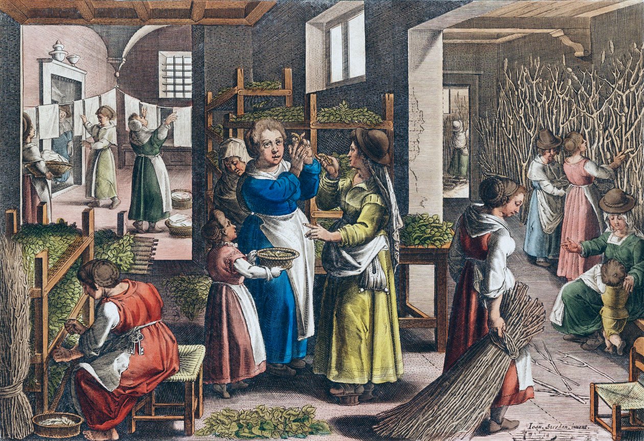 Produção de seda na Europa no século XVI (impressão) de Jan van der (1523 1605) (after) Straet