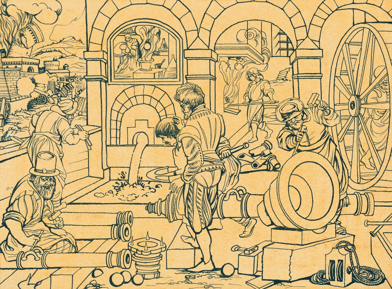 Fundição de canhões, desenho da Nova Reperta de Jan van der (1523 1605) Straet