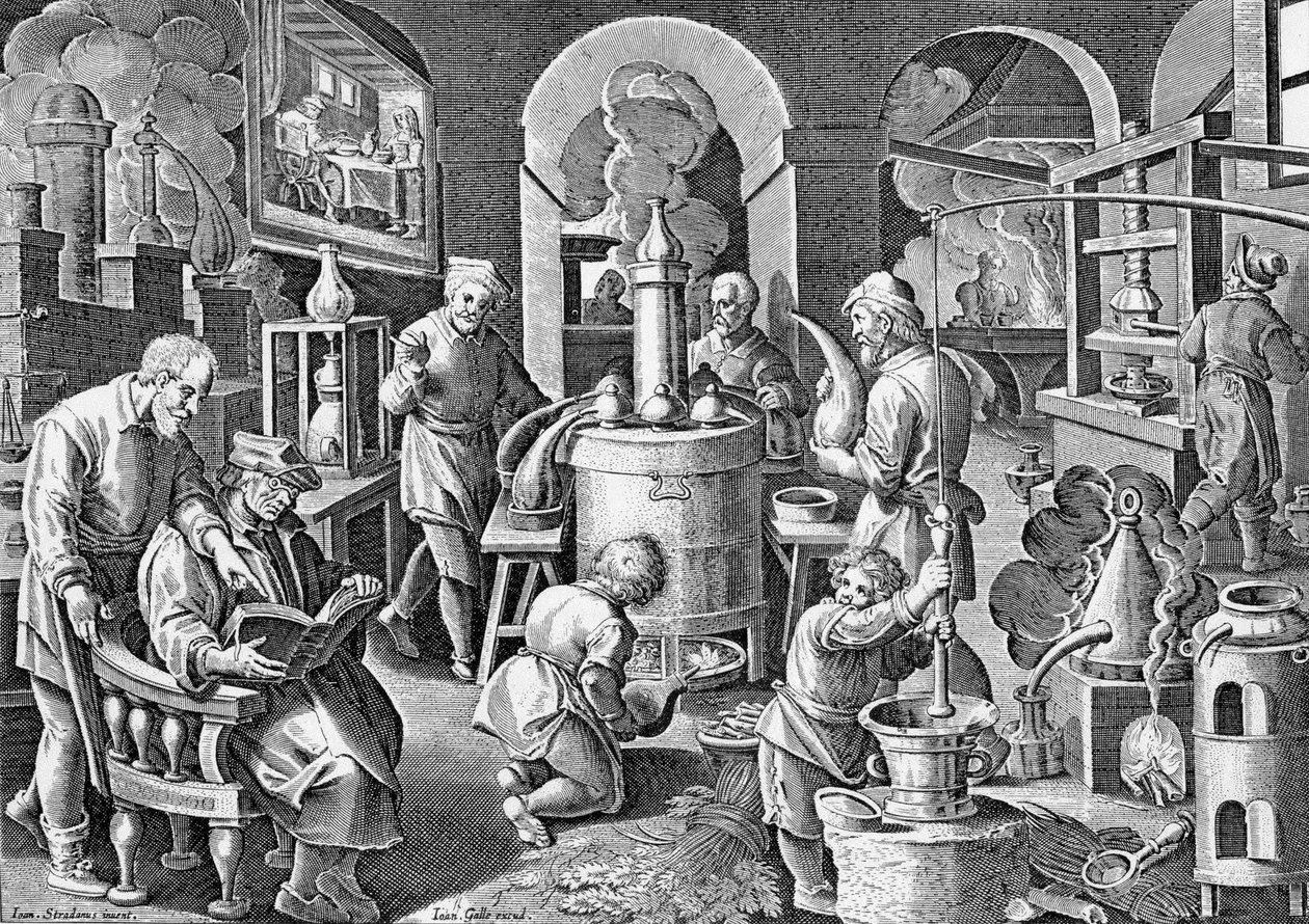 Distillatio..: Em igne succus omnium, arte, corporum, Vigens fit unda, limpida e potissima. Gravura do século XVI de Jan van der Straet, nas diferentes etapas da destilação. de Jan van der Straet