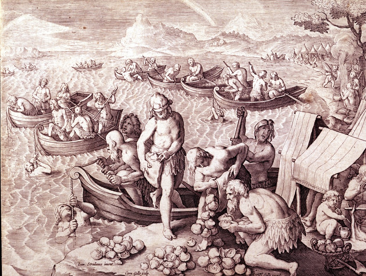A pesca das ostras. Século XVII. Gravura de Giovanni Stradano (Jan Van Der Straet) (Johannes Stradanus) (1523-1605). de Jan van der Straet