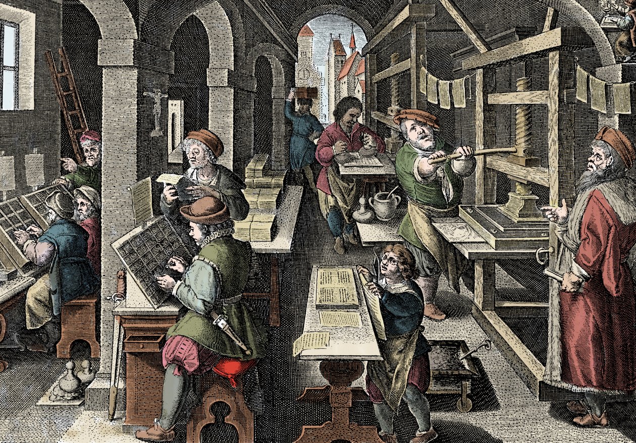 Gabinete de impressão, c1600 - Holanda, Impressão: à esquerda os caracteres usam caracteres, as diferentes etapas da preparação da impressão supervisionadas por uma gráfica mestre - Gravura de "Nova Reperta" de Giovanni Stradano (Jan Van Der Straet) (Johan de Jan van der Straet