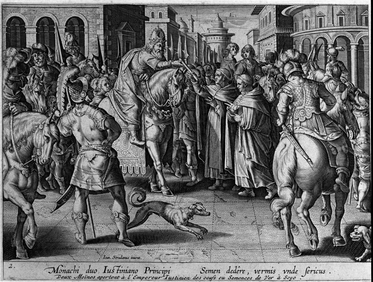 Os monges entregaram bichos-da-seda ao imperador bizantino Justiniano I (483-565). O imperador iniciará assim o comércio da seda. Gravura de Giovanni Stradano (Jan Van Der Straet) (Johannes Stradanus) (1523-1605) Século XVII de Jan van der Straet