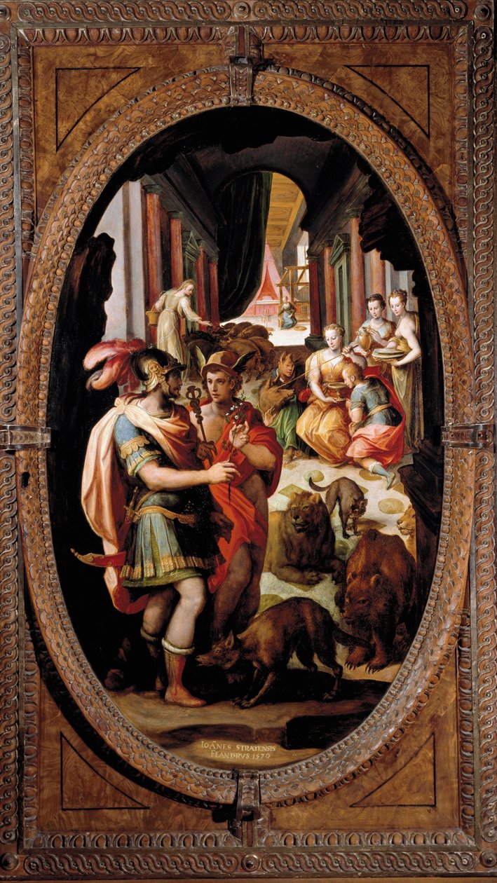 Ulisses, Mercúrio e Circe. Com os companheiros de Ulisses transformados em porcos (Pintura de Jan van der Straet