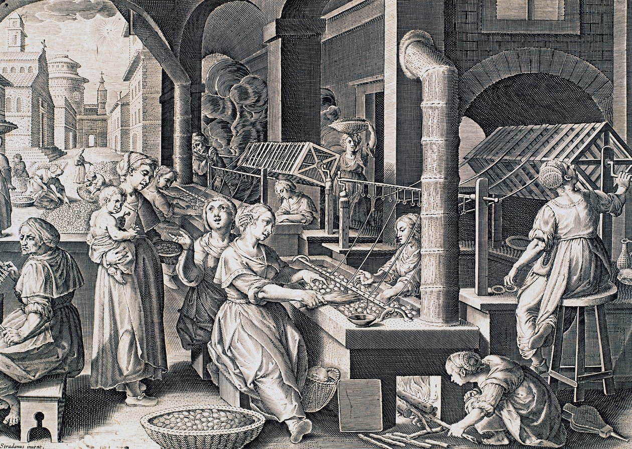 Vermis sericus, mulheres girando seda e aquecendo bichos-da-seda no fogo, gravura de Stradanus (1523-1605), Itália de Jan van der Straet