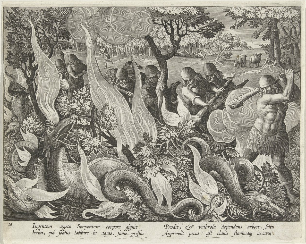 Capturando Serpentes na Índia Usando Clubes e Tochas para Acender o Vegetação Subterrânea, placa 44 de Venationes Ferarum, Avium, Piscium (De Caça: Animais Selvagens, Pássaros, Peixes) pub. 1640 de Jan van der 1523 1605 Straet